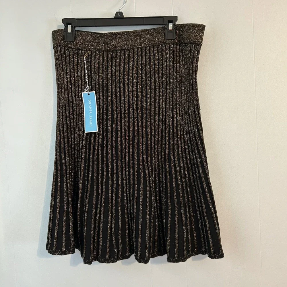 Draper James Black‎ Gold Metallic Knit Pleated Midi Skirt Size L elastic waist